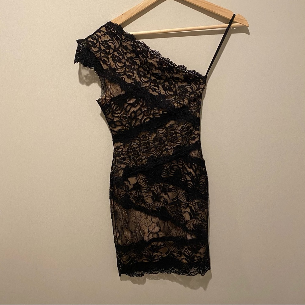 BCBG stretchy lace asymmetrical black dress